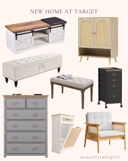 New home finds at Target. Entryway shoe bench with leather cushion. Large storage bench. Solid wood armchair with cushion. Modern style chair. Natural rattan shoe cabinet with 4-tier adjustable shelves. Hidden trash can cabinet. Pet food cabinet. Rustic wood chest with 6 drawers. Tall bedroom dresser. Black rolling filing cabinet. Cotton linen beige bed storage bench. Long ottoman. Button tufted bench for bedroom, entryway, dining room  

#LTKHome