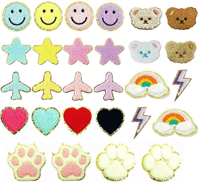 28pcs Iron On Patches-Chenille Smiley Sew Iron on Embroidered Patches Applique Patches Rainbow He... | Amazon (US)