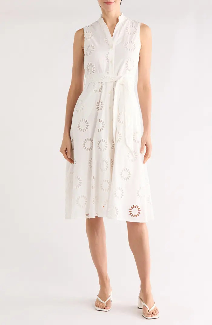 T Tahari Embroidered Eyelet Sleeveless Cotton Midi Dress | Nordstromrack | Nordstrom Rack