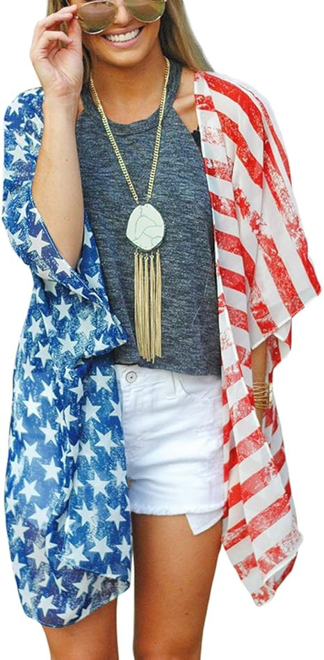 DDSOL Women's American Flag Kimono Cover up Beachwear Cardigan Loose Tops Shirt Blouse | Amazon (US)