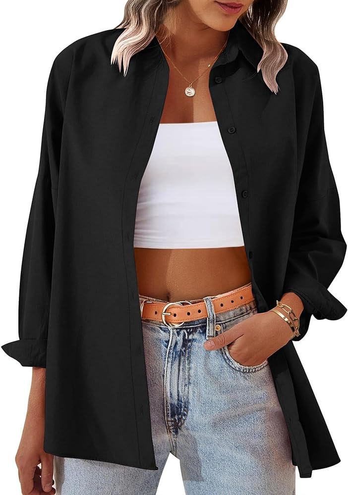 Zeagoo Womens Button Down Shirt Long Sleeve Blouses Solid Work Casual Business Tops Loose Fit Fal... | Amazon (US)