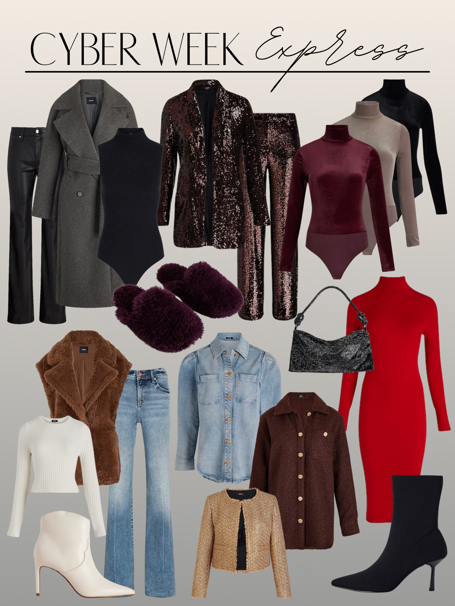 50% off Express extended through today! 

sequin blazer, sequin pants, matching set, holiday style, holiday outfit, red dress, flare denim, shacket, booties, denim shirt, bodysuit, velvet, winter outfit, winter style, ski trip

#LTKHoliday #LTKparties #LTKCyberWeek