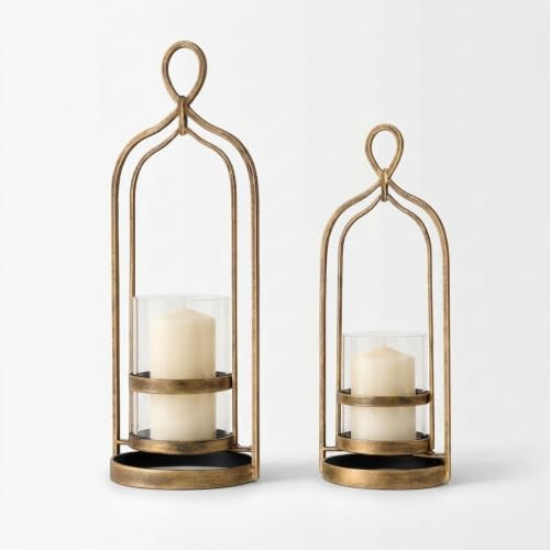 Hurricane Candle Holder Set of 2 with Glass & Metal Frame-Pillar Candle Holders for Living Room, ... | Amazon (US)