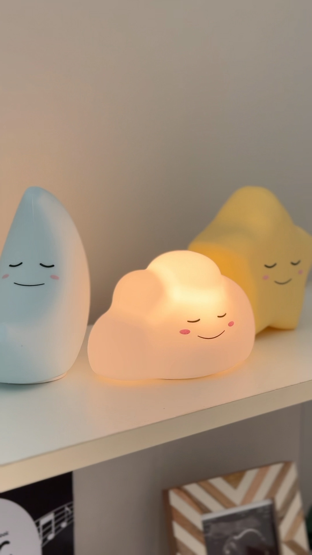 Squish night lights for baby nursery ☁️ These have 4 color options for each but I love the main color on each, so nice! 😊 Looks like they had them at QVC in different characters and will cycle through them over time 

Cloud, Star, and moon lights for celestial baby nursery 

#LTKHome #LTKKids #LTKBaby