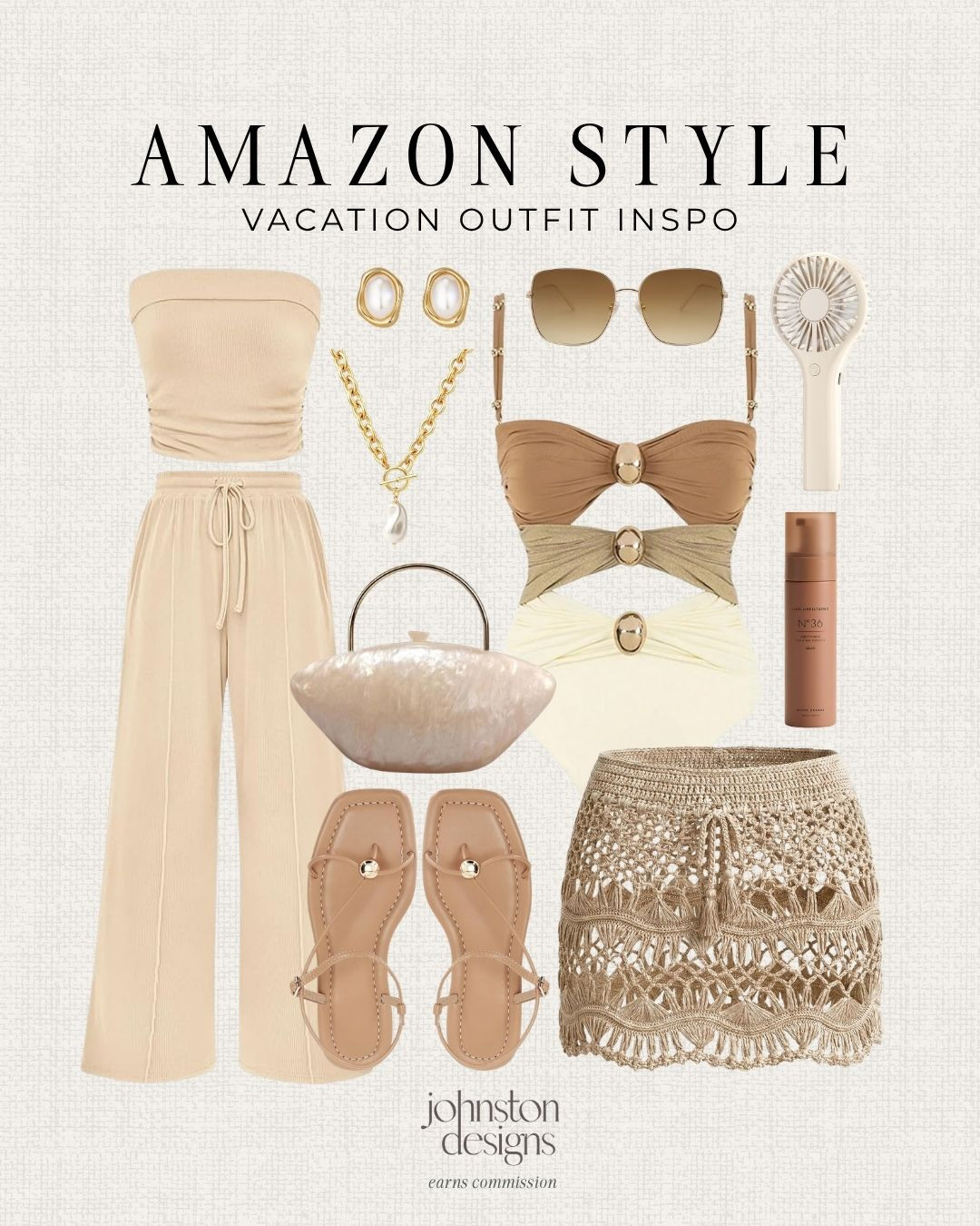 Amazon vacation outfit inspo featuring a neutral matching set, swimsuits, sandals and gold accessories for a chic beach to dinner look. ☀️

amazon fashion, vacation outfit, resort wear, beach outfit, neutral outfit, matching set outfit, summer outfit ideas, sandals outfit, gold accessories, beach to dinner outfit, chic style, vacation style 

 #LTKSwim #LTKTravel