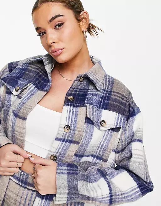 In The Style x Lorna Luxe quilted oversized check shirt co ord in blue multi | ASOS (Global)