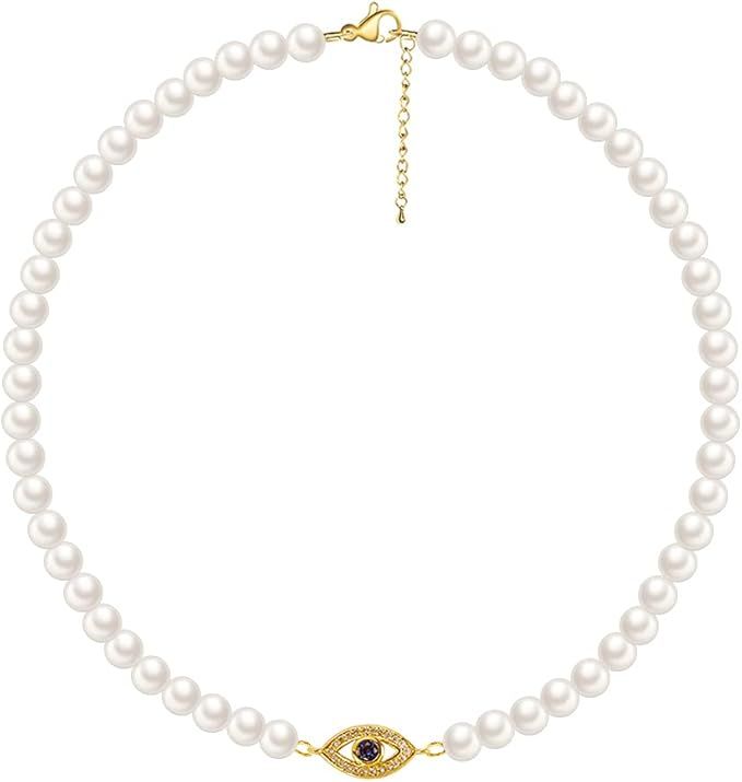 Evil Eye Pearl Necklace for Women, White Simulated Shell Pearl Choker Necklace with Charm Handmad... | Amazon (US)