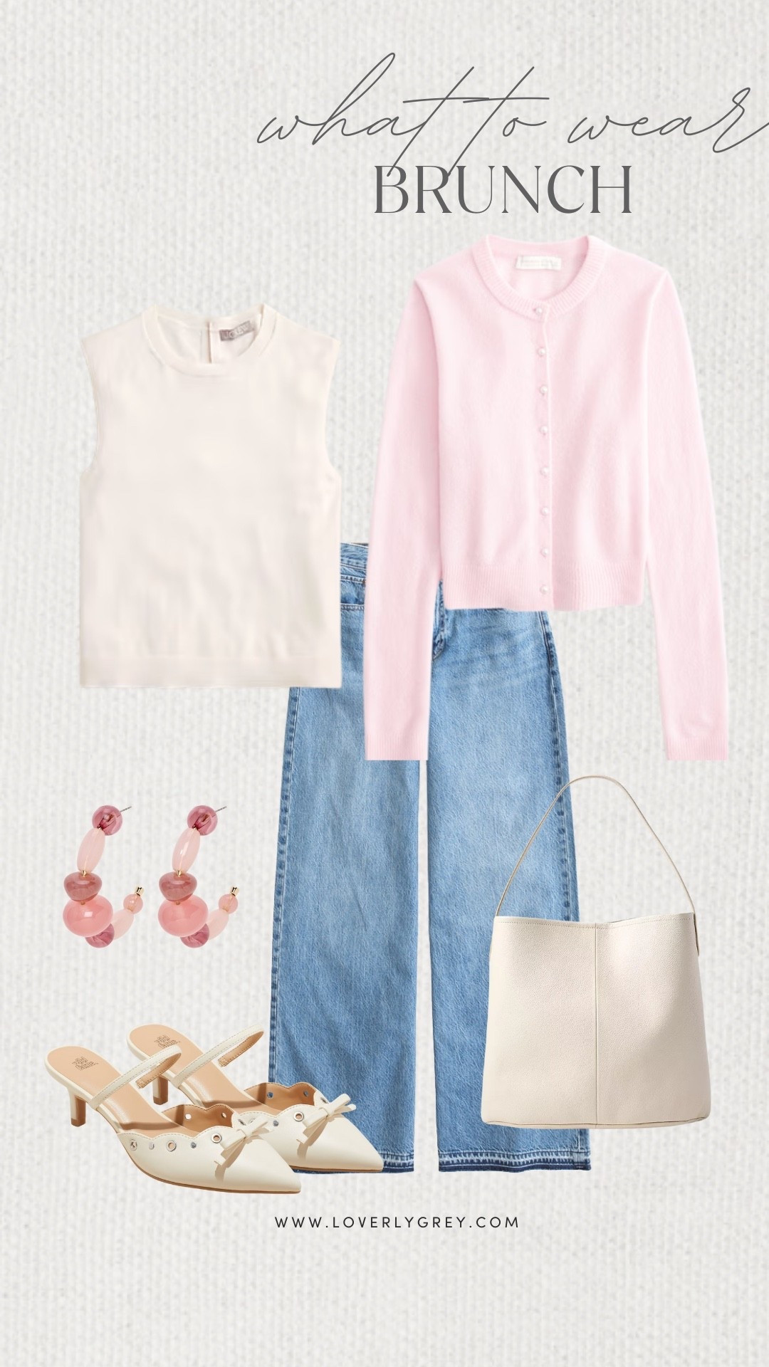 Loverly Grey, what to wear for brunch. A sleeveless J.Crew top with a pink cardigan layer on top and high raise denim jeans. Accessorize with pink beaded earrings from Target, cute white heels, and a simple purse! Loverly Grey, what to wear, brunch 

#LTKgrwm #LTKSeasonal #LTKootd