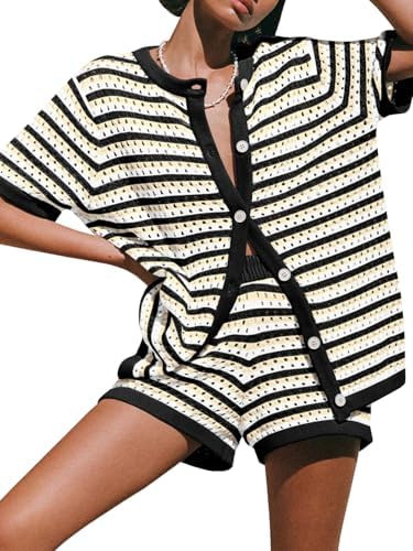Saodimallsu Womens Crochet Swimsuit Coverup Summer Beach Sets Striped Knit Short Sleeve Button Sh... | Amazon (US)