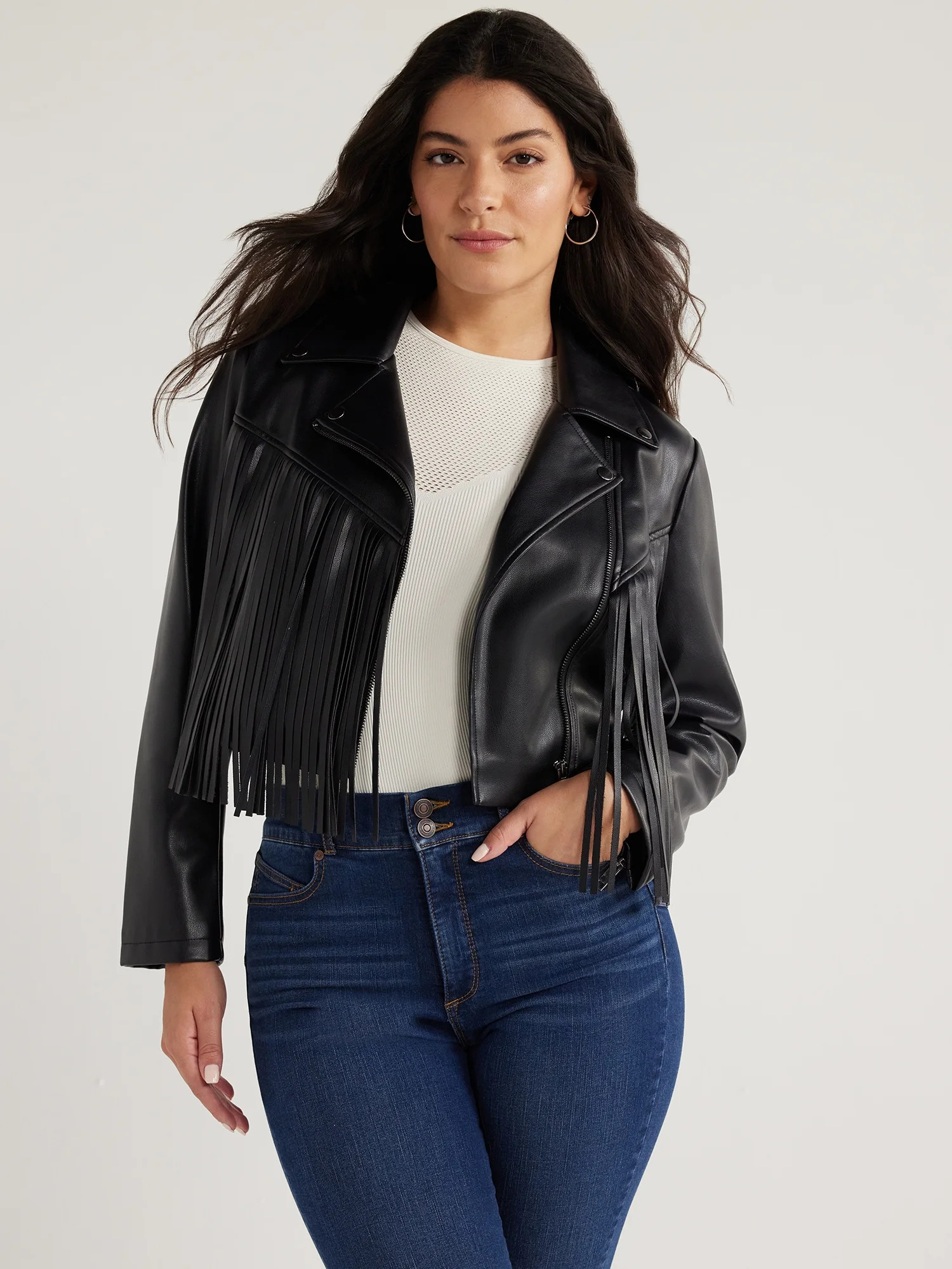 Sofia Jeans Women's Faux Leather Asymmetrical Zip Cropped Fringe Jacket, Sizes XS-XXL - Walmart.c... | Walmart (US)