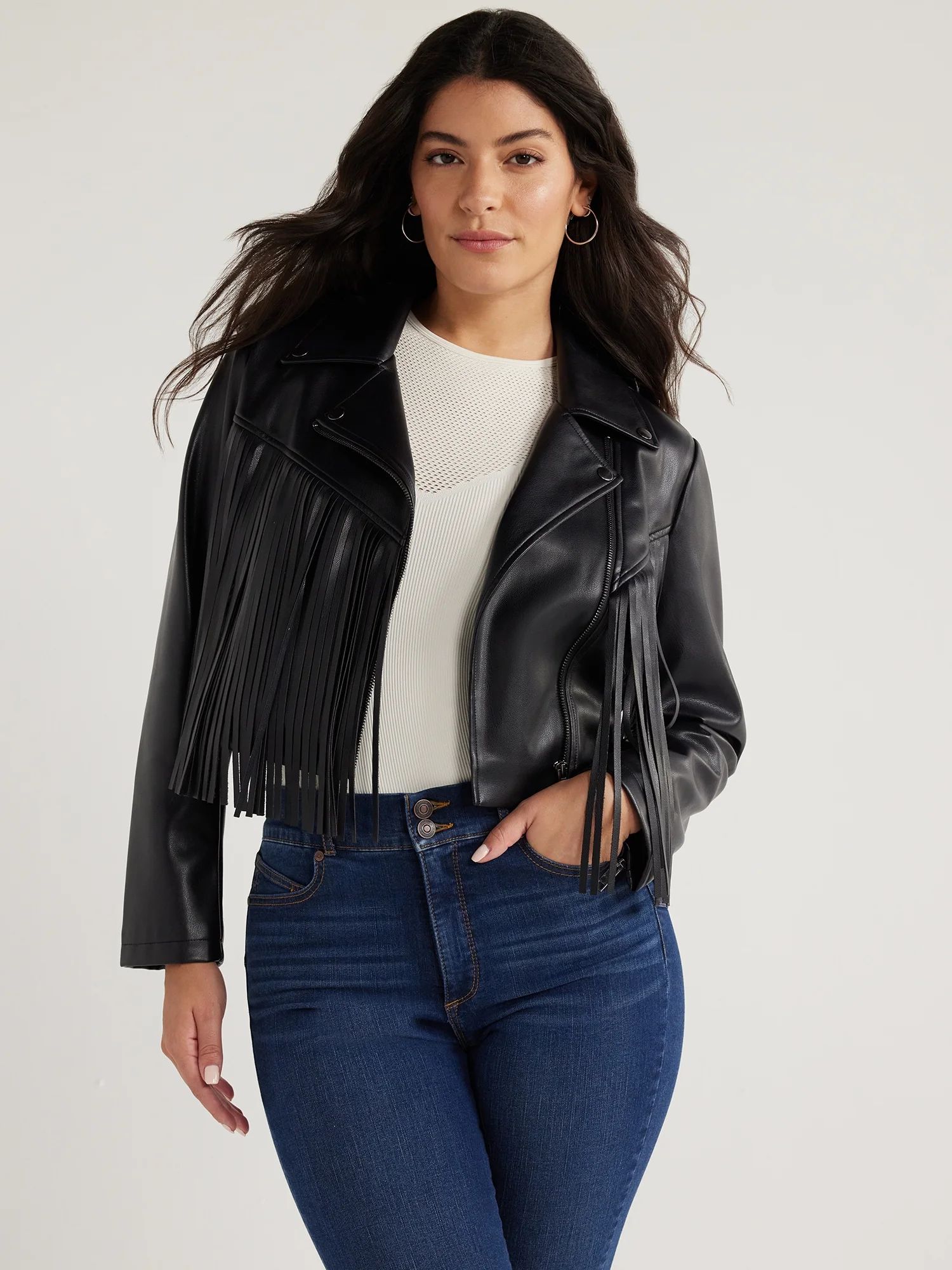 Sofia Jeans Women's Faux Leather Asymmetrical Zip Cropped Fringe Jacket, Sizes XS-XXL | Walmart (US)