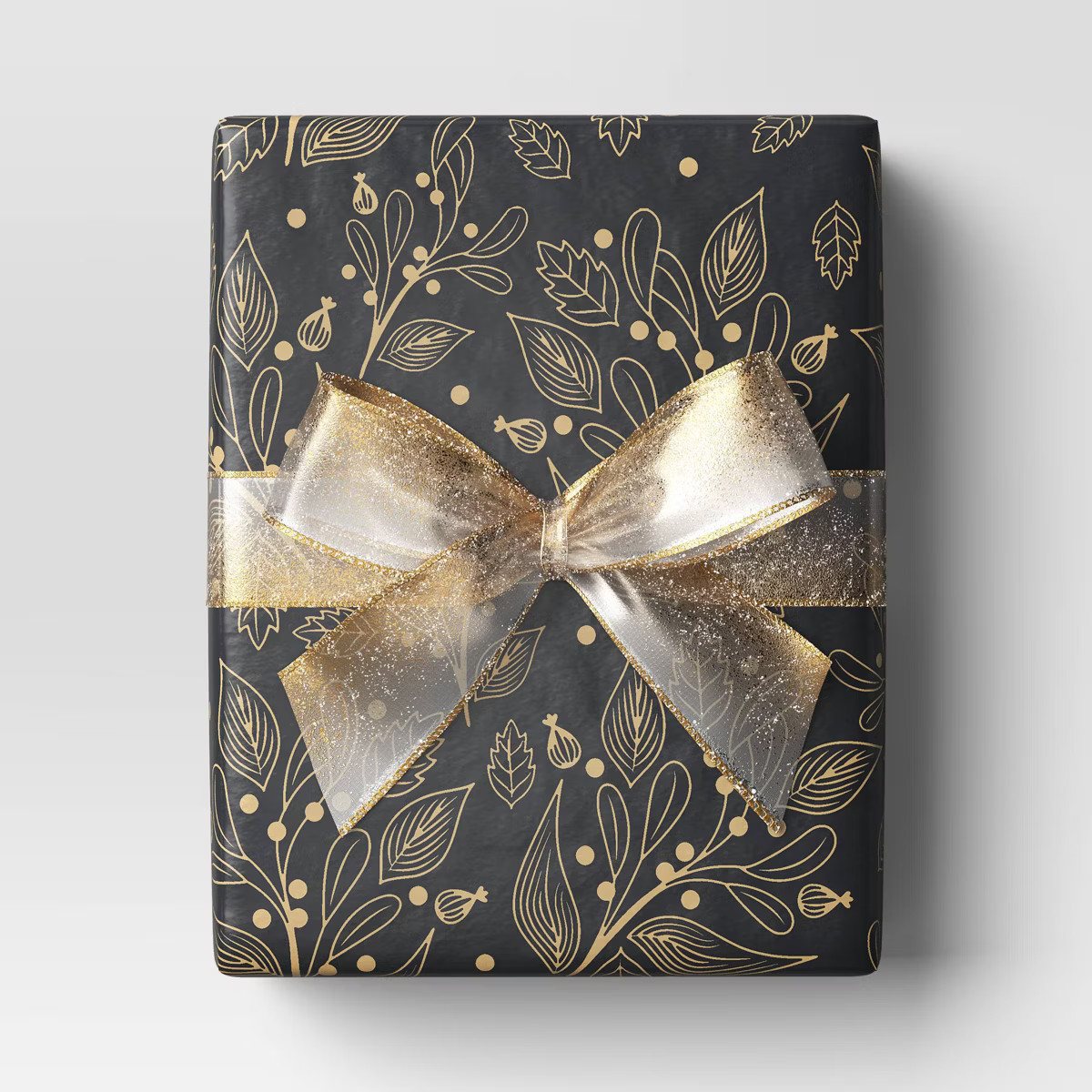 30" 25 sq ft Christmas Roll Wrap Gold Botanical on Black - Wondershop™ | Target