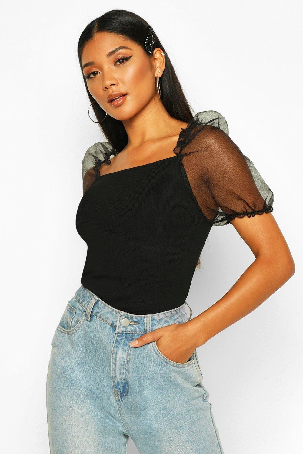 Womens Short Sleeve Organza Puff Sleeve Top - Black - S | Boohoo.com (US & CA)