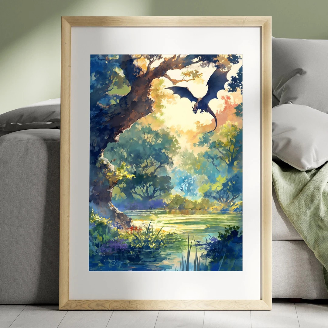 Forest Dragon Watercolor Art Vertical Poster Print Fantasy Art Forest and a Dragon Fantasy Painti... | Etsy (US)