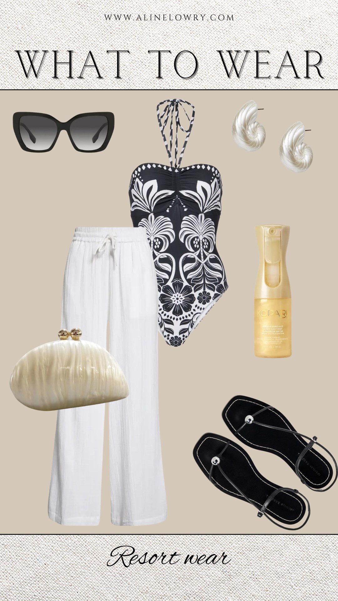 What to wear for vacation - Resort wear. 
One piece swimsuit, cover up pants, sandals, purse, and accessories. 

#LTKStyleTip #LTKU #LTKSeasonal