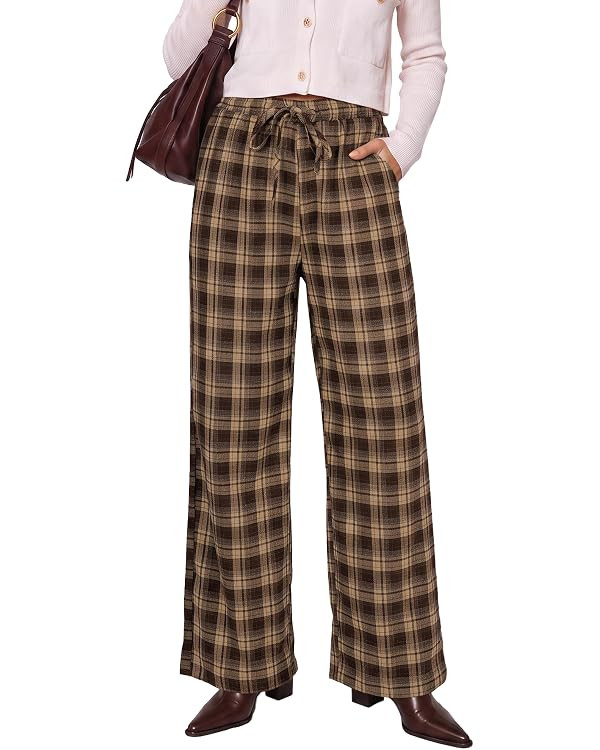 GRAPENT Plaid Pants for Women Wide Leg Elastic Waist Baggy Pull On Trousers | Amazon (US)
