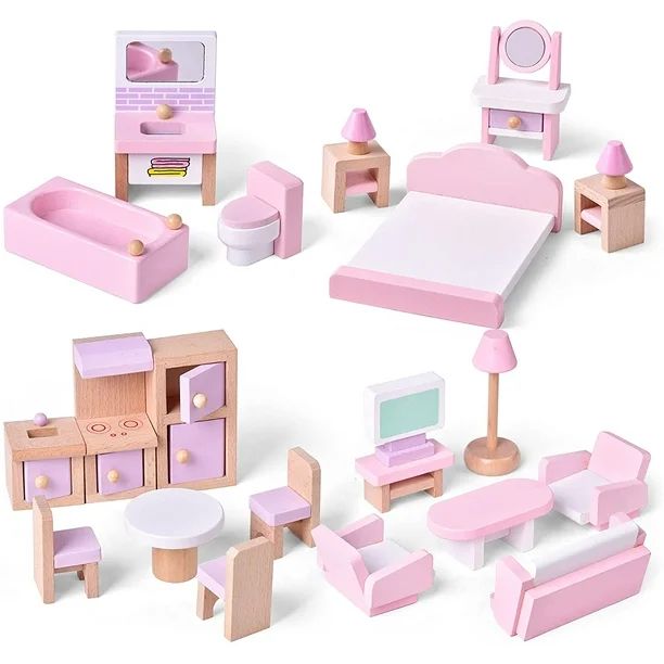 Fun Little Toys 22Pcs Pretend Life Dollhouse with Furniture,Wooden Doll House Furniture,Pink Wood... | Walmart (US)