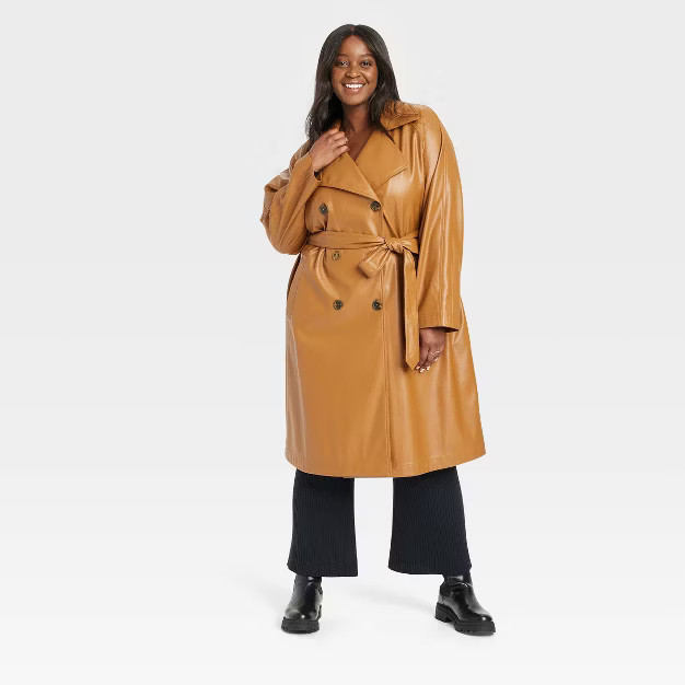 Women's Plus Size Faux Leather Belted Trench Coat - Ava & Viv™ | Target