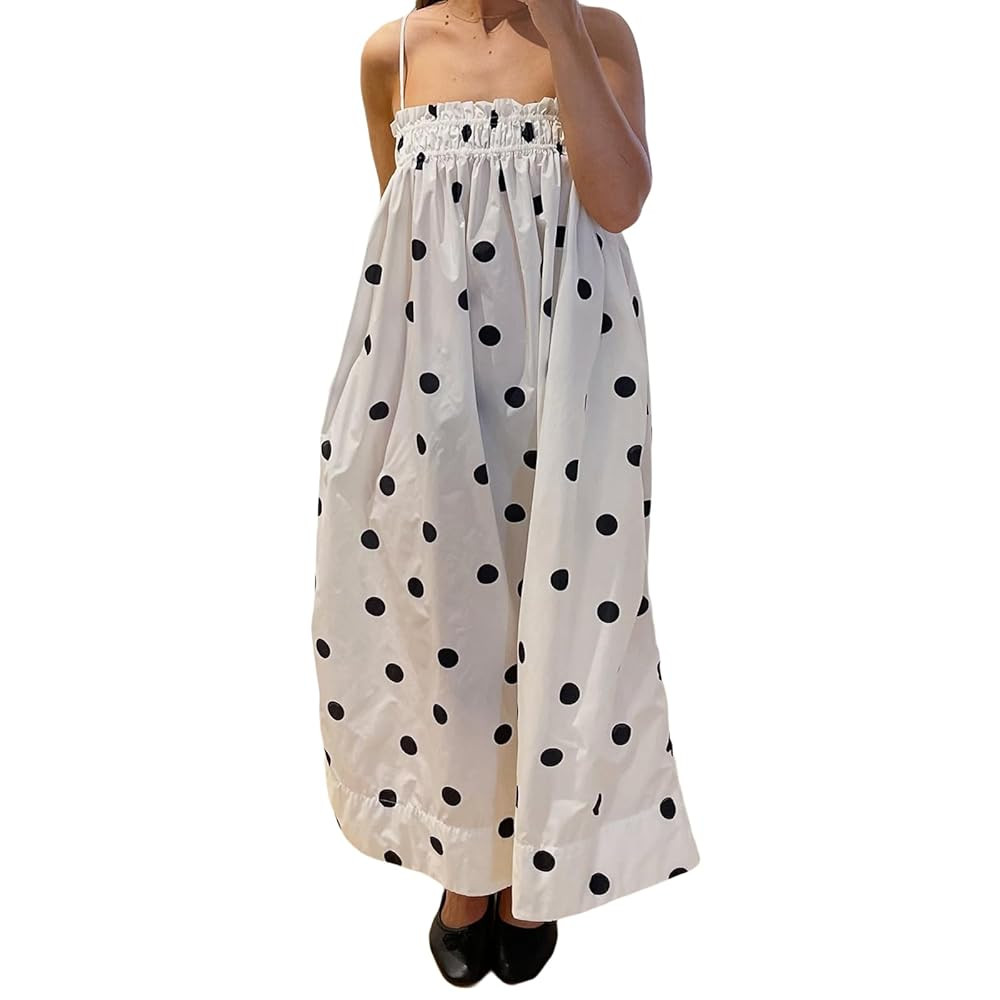 Muineobuka Women Polka Dot Maxi Dress Boho Spaghetti Strap Tube Top Dresses Summer Sleeveless Bac... | Amazon (US)