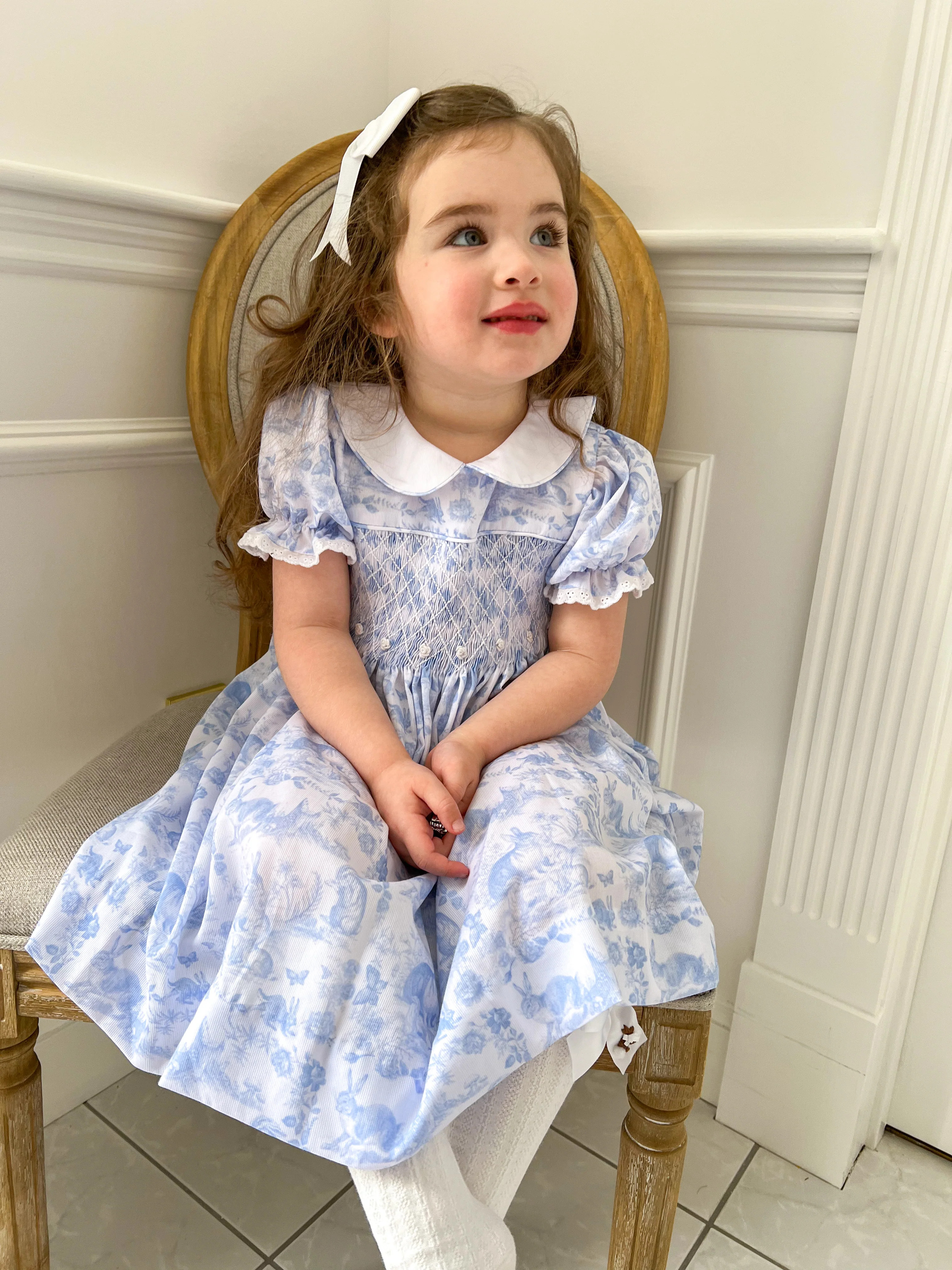 PRE-ORDER Blue Easter Bunny Toile Smocked Dress | Lillie & Lilah