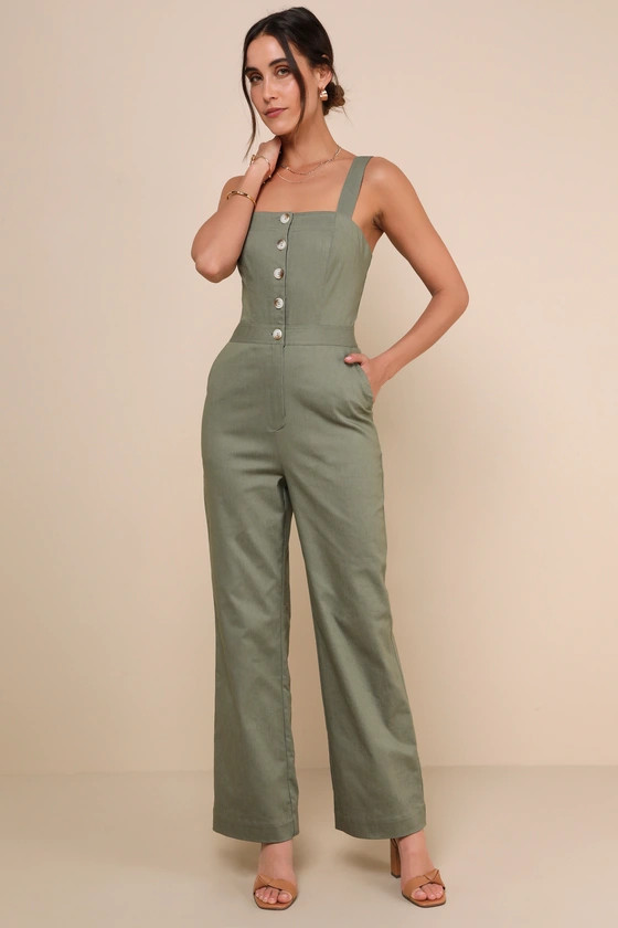 Practical Charm Sage Twill Button-Front Straight Leg Jumpsuit | Lulus