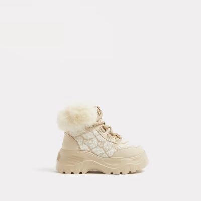 Mini girls cream borg faux fur hiker boots | River Island (UK & IE)