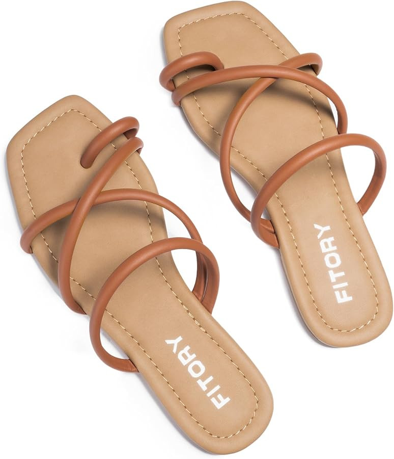 FITORY Women's Slide Sandals Flat Toe Ring Thongs with Cross Strap for Summer Size | Amazon (US)
