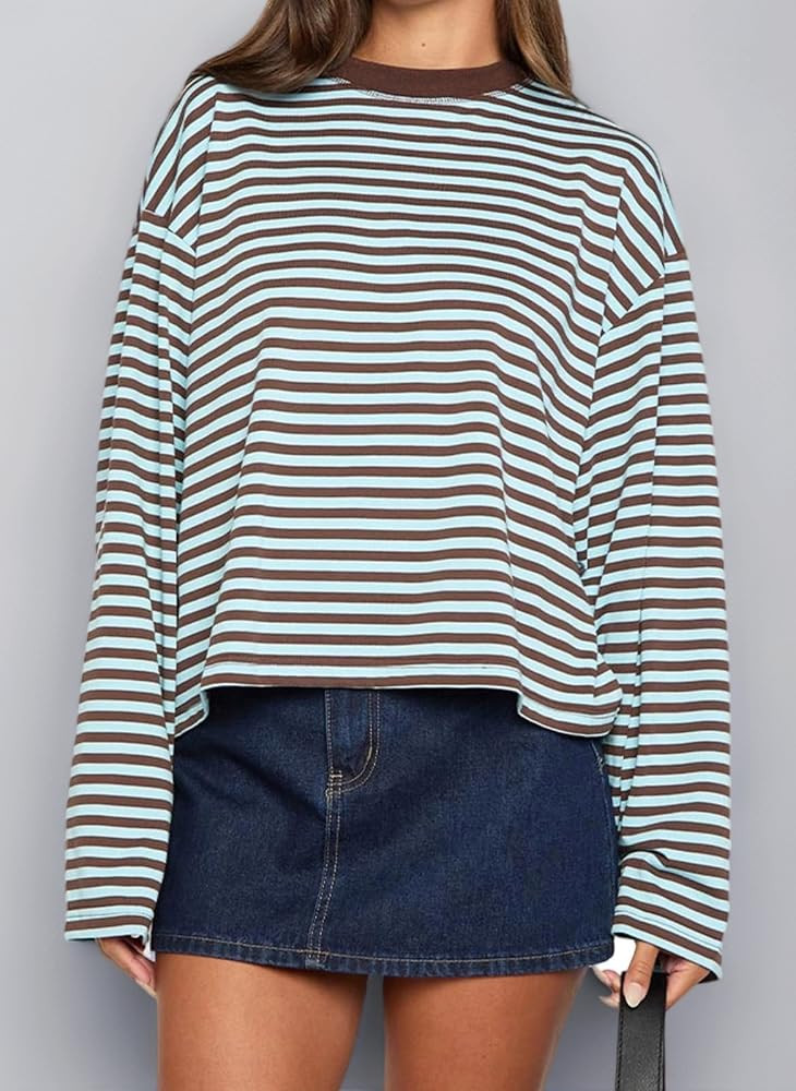 Women Striped Long Sleeve Top Crew Neck Color Block Tee Shirts Loose Basic T Shirt Fall Fashion 2... | Amazon (UK)