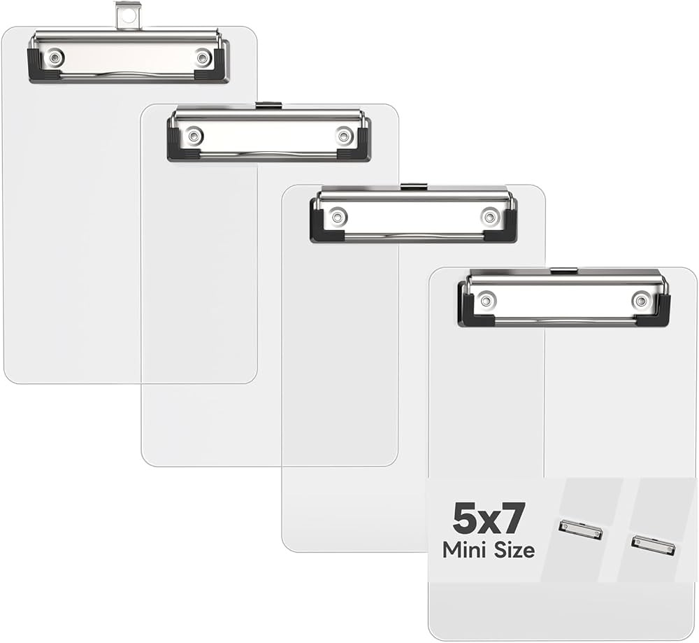 Mini Clipboard Set of 4, 5 x 7 Plastic Small Clear Clip Boards with Low Profile Clip, Memo Size f... | Amazon (US)