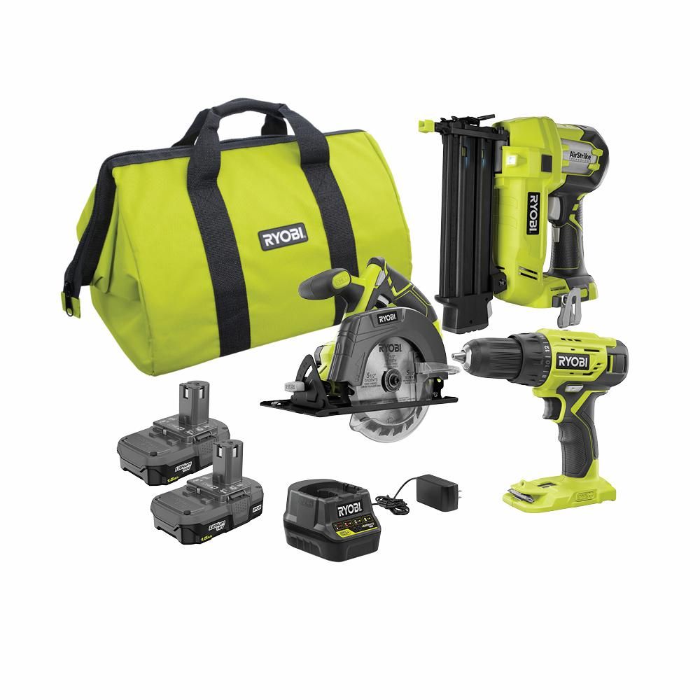 RYOBI 18-Volt ONE+ Lithium-Ion Cordless 2-Tool Combo Kit with Drill/Driver, Circular Saw, AirStri... | The Home Depot