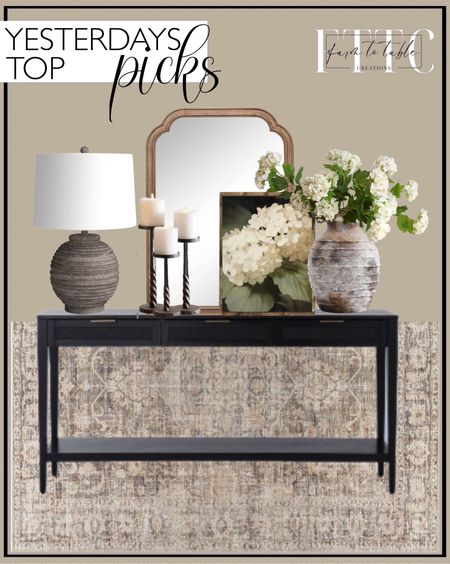 Yesterday’s Top Picks. Follow @farmtotablecreations on Instagram for more inspiration.

Becki Owens x Livabliss Marlene Vintage Dark Brown Area Rug. Artisan Handcrafted Terracotta Vase. Pottery Barn Vase. Kantha Quilt. 25" Faux Snowball Flower in Cream/Green, Real Touch Flowers, Faux Botanicals. East Bluff Woven Drawer Console Table - Threshold designed with Studio McGee. Nixon Resin Table Lamp. White Hydrangeas Canvas Printed Sign. 30" x 42" French Country Wall Mirror - Threshold. 

Loloi Rugs | Chris Loves Julia | console table | console table styling | faux stems | entryway space | home decor finds | neutral decor | entryway decor | cozy home | affordable decor |  | home decor | home inspiration | spring stems | spring console | spring vignette | spring decor | spring decorations | console styling | entryway rug | cozy moody home | moody decor | neutral home




#LTKFindsUnder50 #LTKSaleAlert #LTKHome