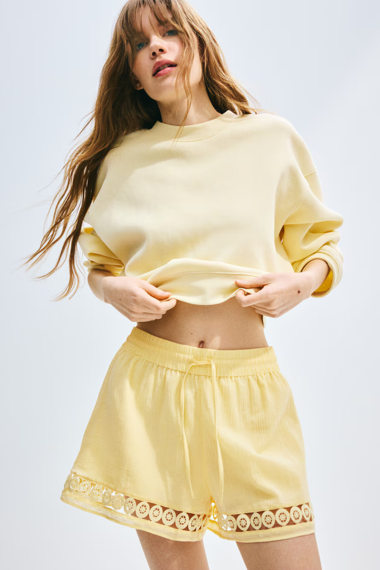 High-Waist Lace-Inset Drawstring Shorts | H&M (US + CA)