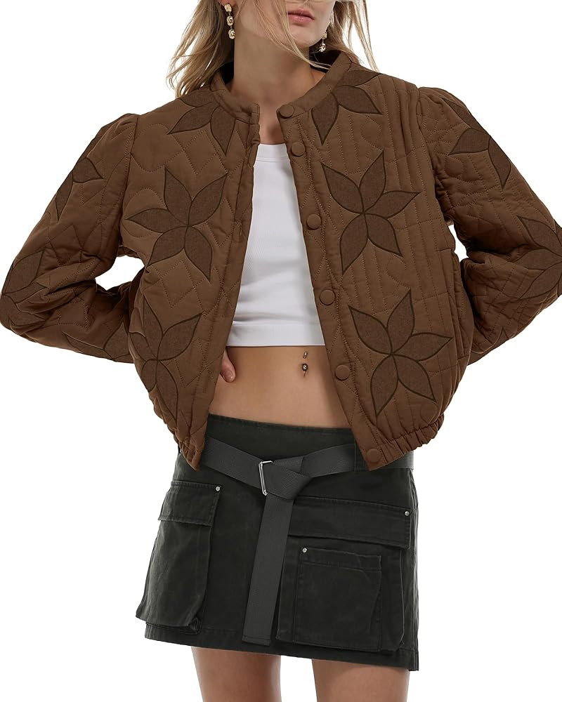 Gacaky Women's Lightweight Floral Embroidered Cropped Quilted Jacket Winter Warm Button Down Puff... | Amazon (US)