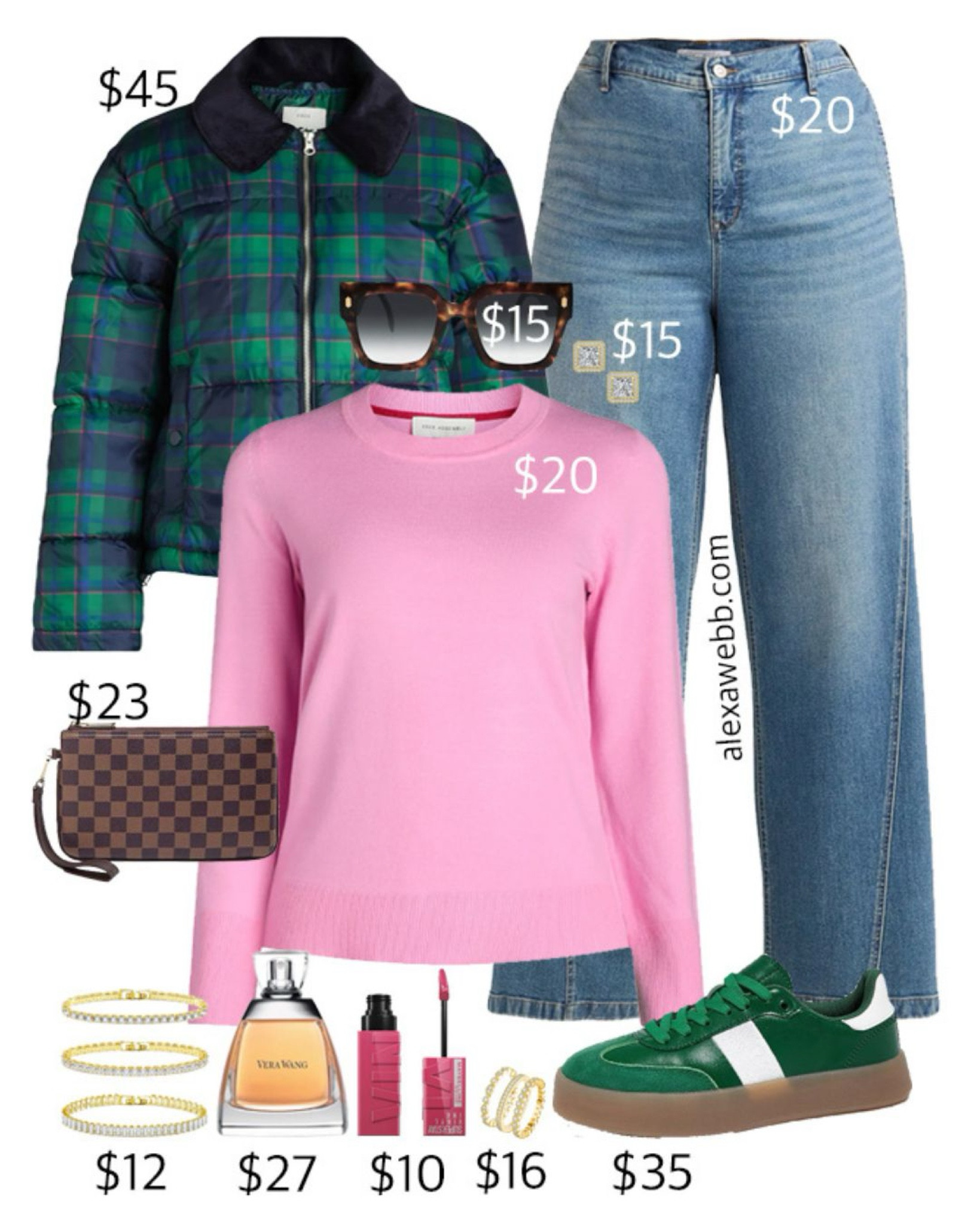 Plus Size on a Budget – Preppy Plaid Puffer - A plus size casual preppy outfit idea with wide leg jeans, a pink sweater, a plaid puffer jacket, and green sneakers. Alexa Webb

#LTKFindsUnder50 #LTKPlusSize #LTKSeasonal