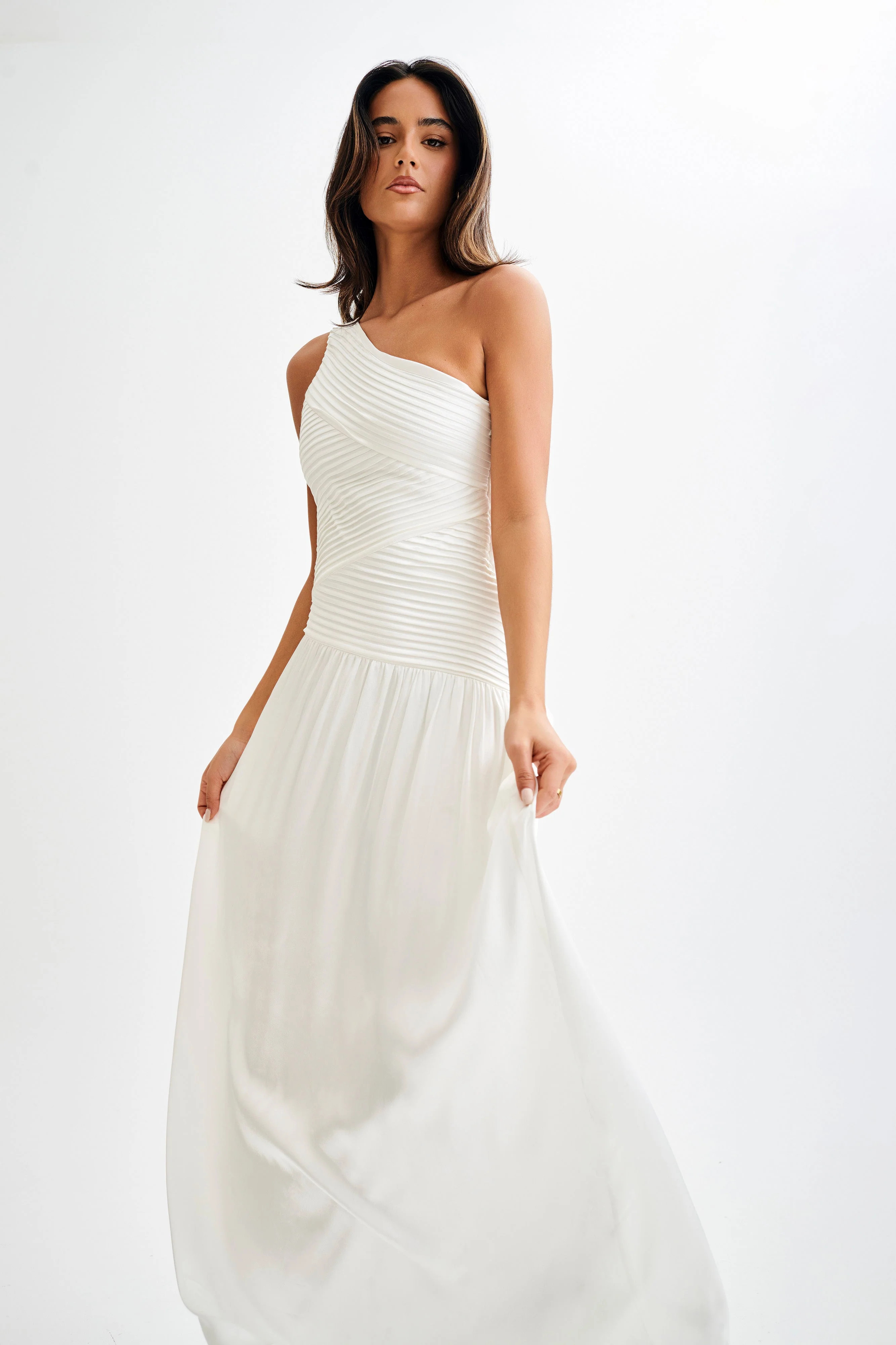 Jenna One Shoulder Pleated Maxi Dress - Ivory | MESHKI US