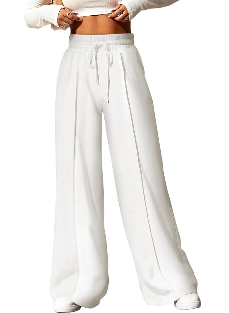 Aleumdr Women's High Waisted Drawstring Waist Wide Leg Sweatpants with Pockets Casual Loose Yoga ... | Amazon (US)