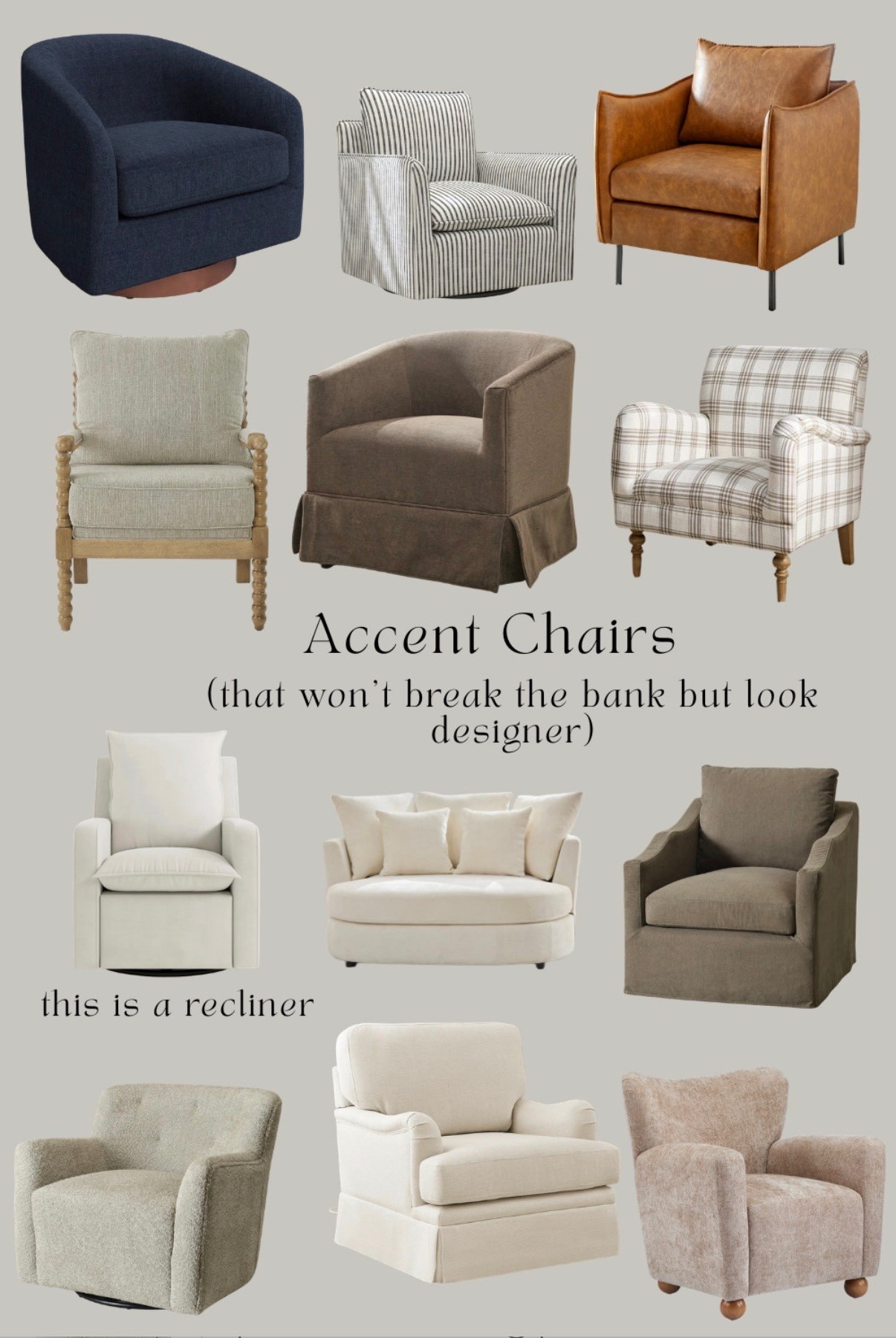 Gorgeous accent chairs that won't break the bank but still look high end. Love these chairs and I cannot believe the one is a recliner! These are all so affordable.

Barrel accent chair, recliner, leather accent chair, swivel chair, living room, family room 

 

#LTKHome #LTKSaleAlert