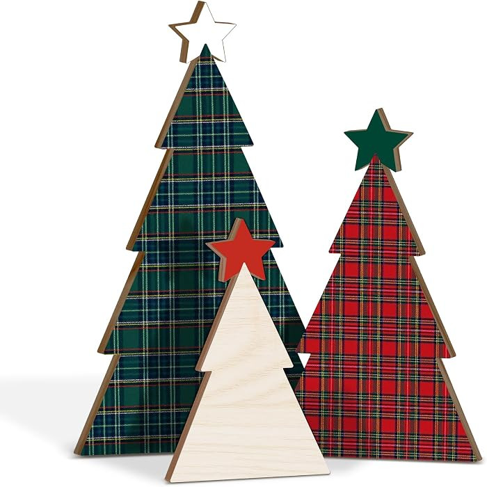 (SET 3) Plaid Christmas Table Decor, Farmhouse Rustic Aesthetic For Mantle | Amazon (US)