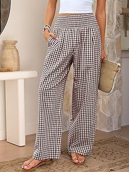 ANRABESS Womens Striped Gingham Palazzo Pants Wide Leg High Waisted Lounge Pajama Pants Cute Casu... | Amazon (US)