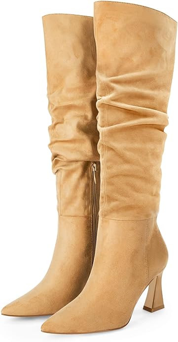 Coutgo Women's Slouchy Knee High Boots Wide Calf Pointed Toe Side Zipper Chunky Heel Long Boots W... | Amazon (US)