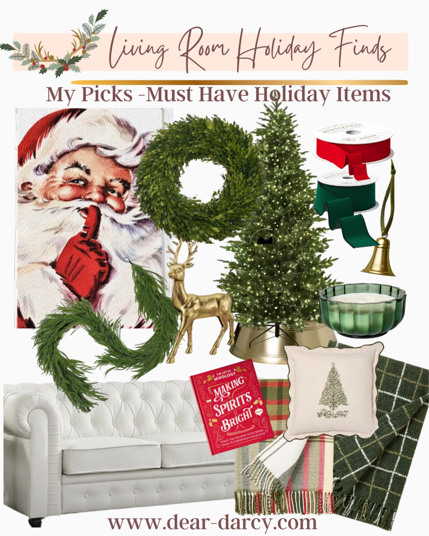 Living room Holiday finds

Santa  print art work

Beautiful affordable pre-light  tree 
Gold metal tree skirt

Stunning wreath great quality 

Stuffed white leather couch under $500 

Green garland love the quality and so real looking 

Stunning red and green ribbon 

Affordable 3 wick large candle in the best balsam tree scent
Big enough to make a statement on top of coffee table books 

Beautiful coffee table Christmas book

Affordable throws and pillows 
Cute bells and a gold metal reindeer 

Perfect pieces to add a beautiful Christmas touch to your living roomm

#LTKHome #LTKStyleTip #LTKHoliday