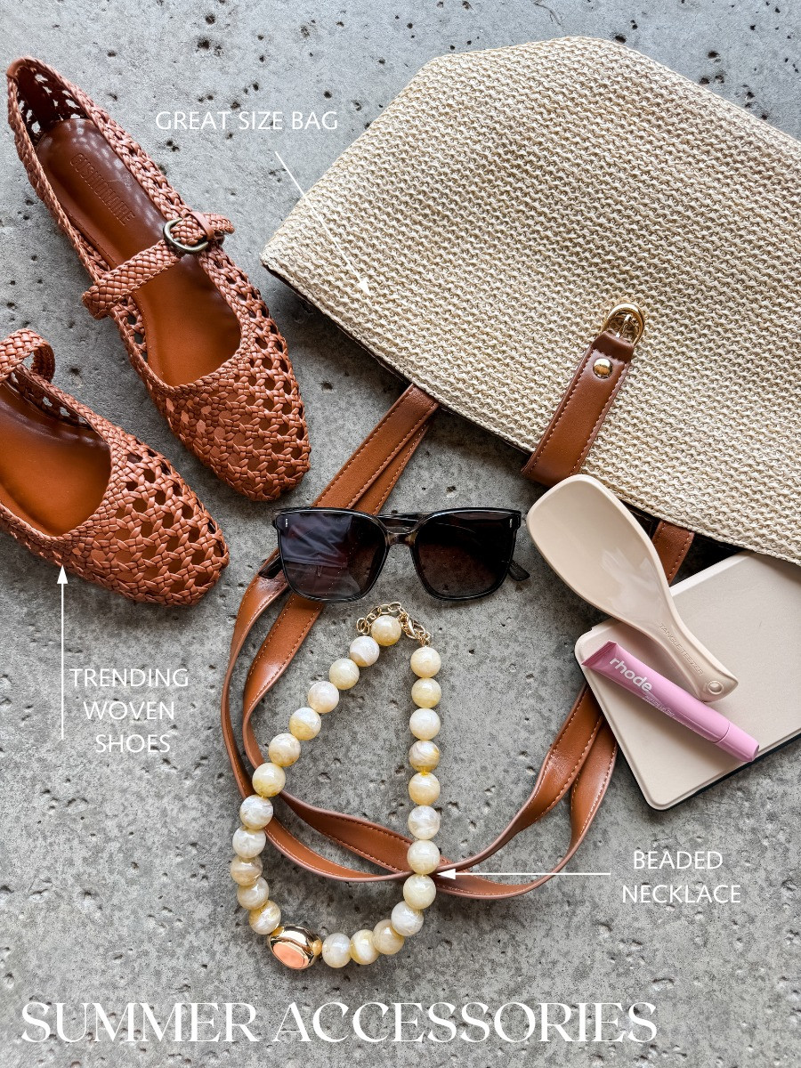 Woven cognac flats, a roomy straw tote, my go-to sunnies and a beaded necklace — everything you need for an easy day out! 

 #LTKSeasonal #LTKOver40 #LTKWorkwear