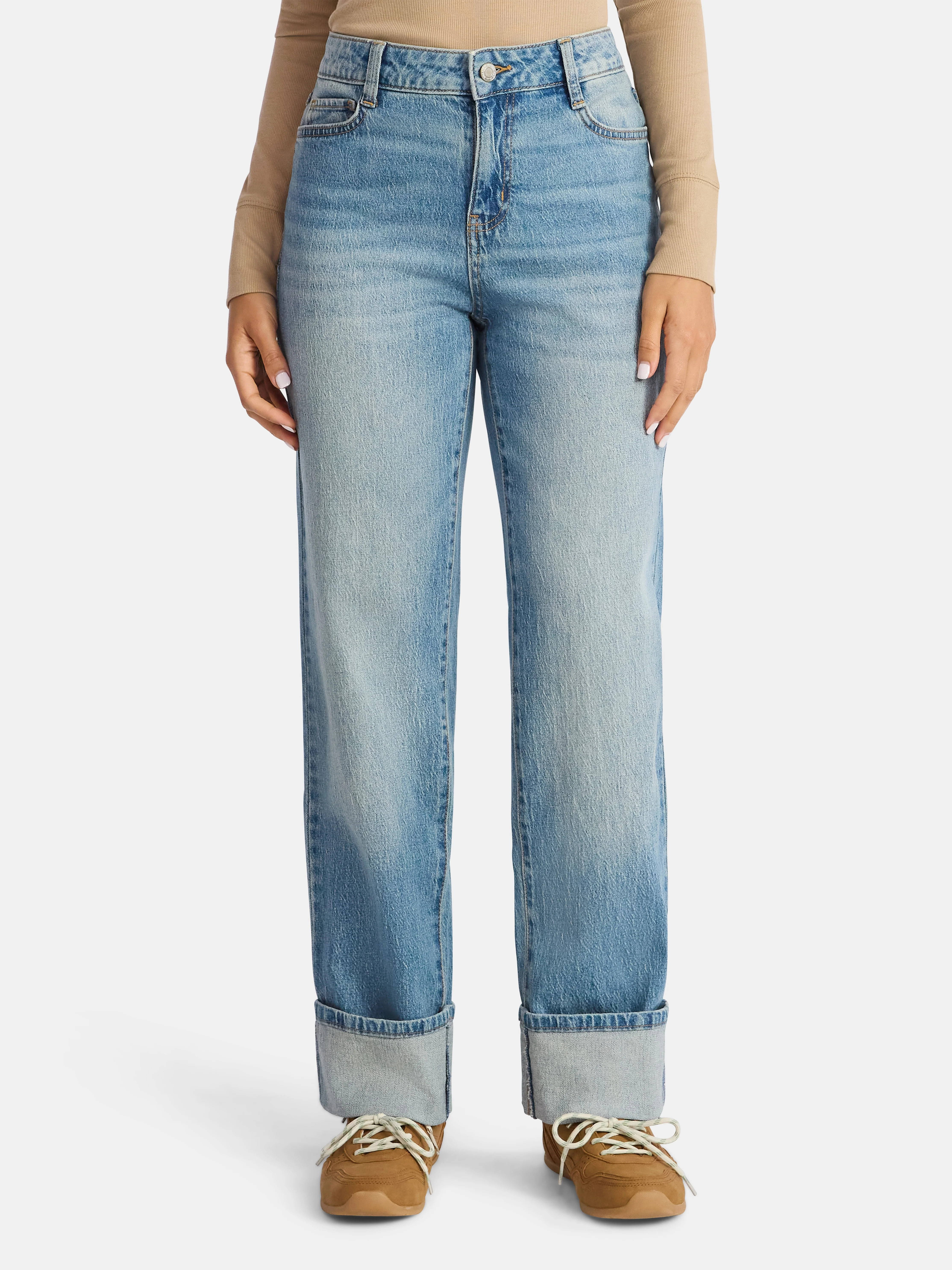 Time and Tru Women's High Rise Straight Jeans with Cuffs, 29" Inseam, Sizes 0-20 | Walmart (US)