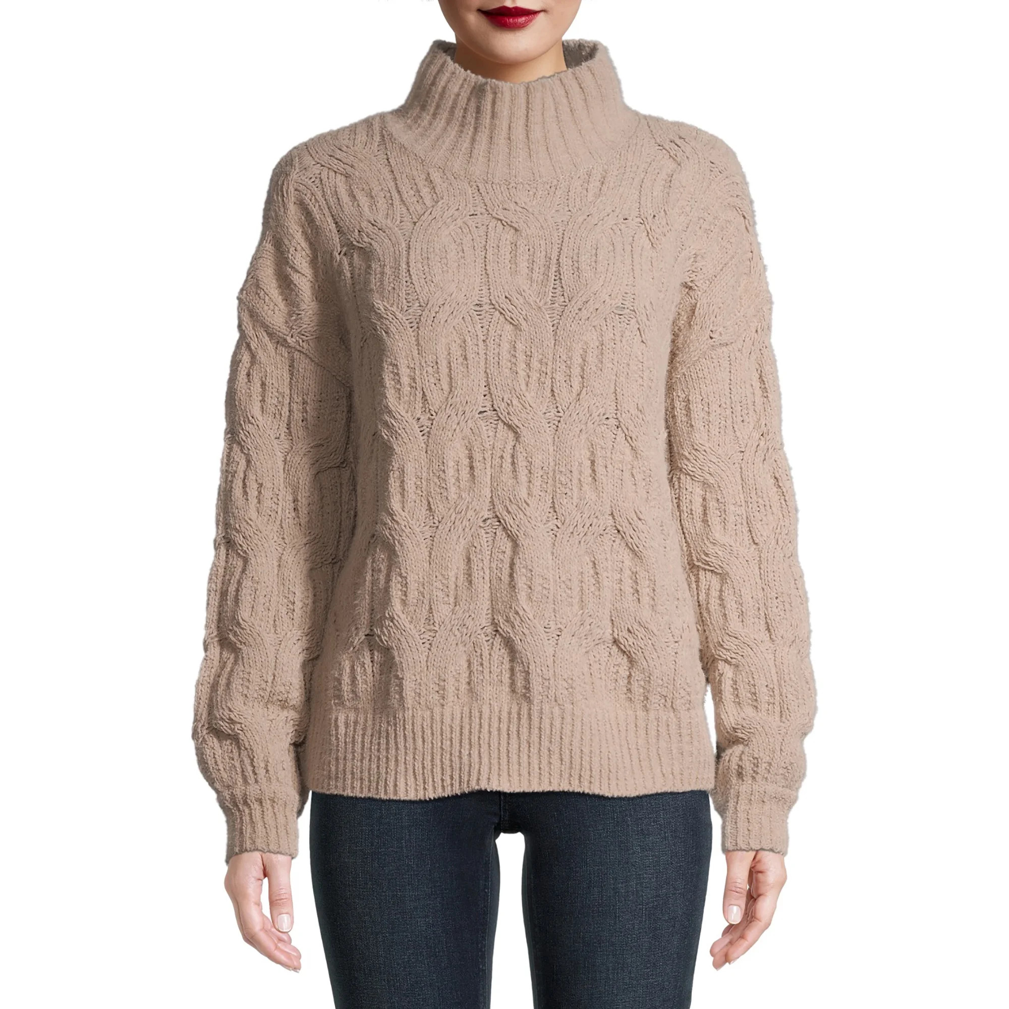 Time and Tru Women's Mockneck Cable Knit Sweater | Walmart (US)