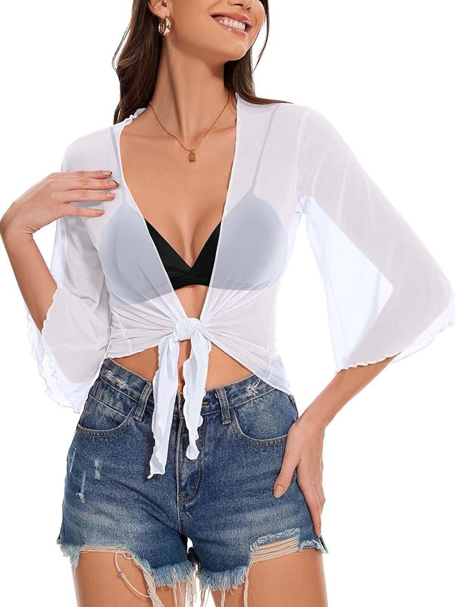 Women's Short Cardigan Bolero Shrug Sheer Tie Front Top 3/4 Sleeve Jacket for Dress | Amazon (US)