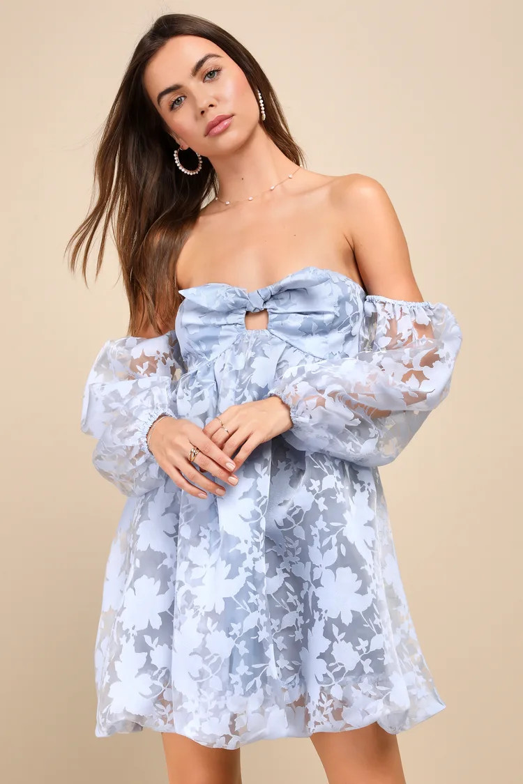 Adorable Dreams Light Blue Jacquard Off-the-Shoulder Mini Dress | Lulus