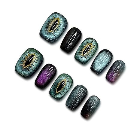 Nails Handmade Press On Nail.Magnetic Press On Nail Short Square Cat Eye Fake Nails with Charm De... | Amazon (US)