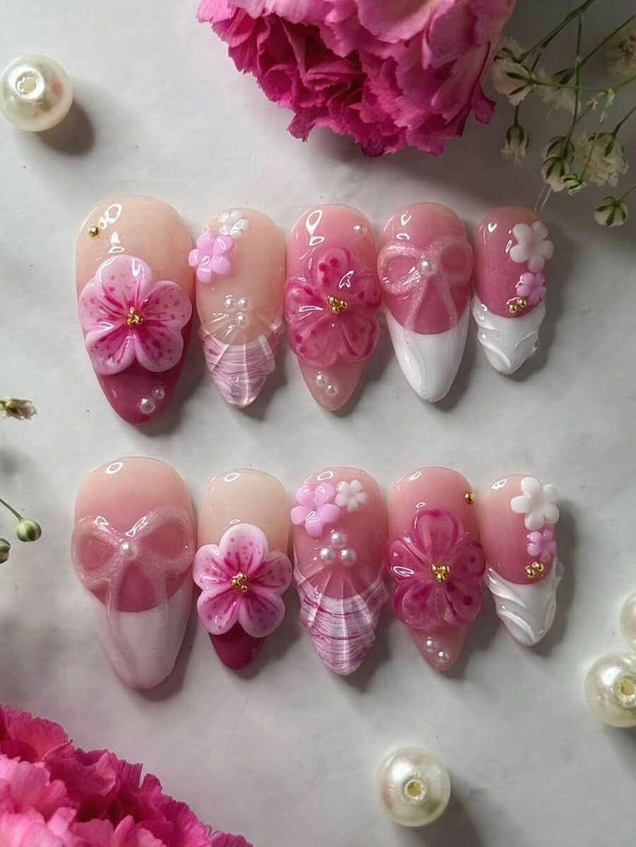 10Pcs Almond Shaped Handmade Nail Tips, Ombre Pink Color Gradient, French Floral Botanical Waterd... | SHEIN