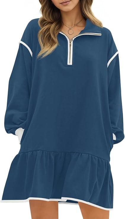 Wenrine Womens 2025 Fall Oversized Sweatshirt Dress Casual Long Sleeve Quarter Zip Ruffle Hem Pul... | Amazon (US)