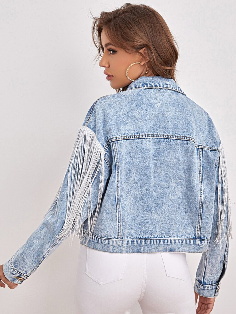 Drop Shoulder Fringe Trim Denim Jacket | SHEIN